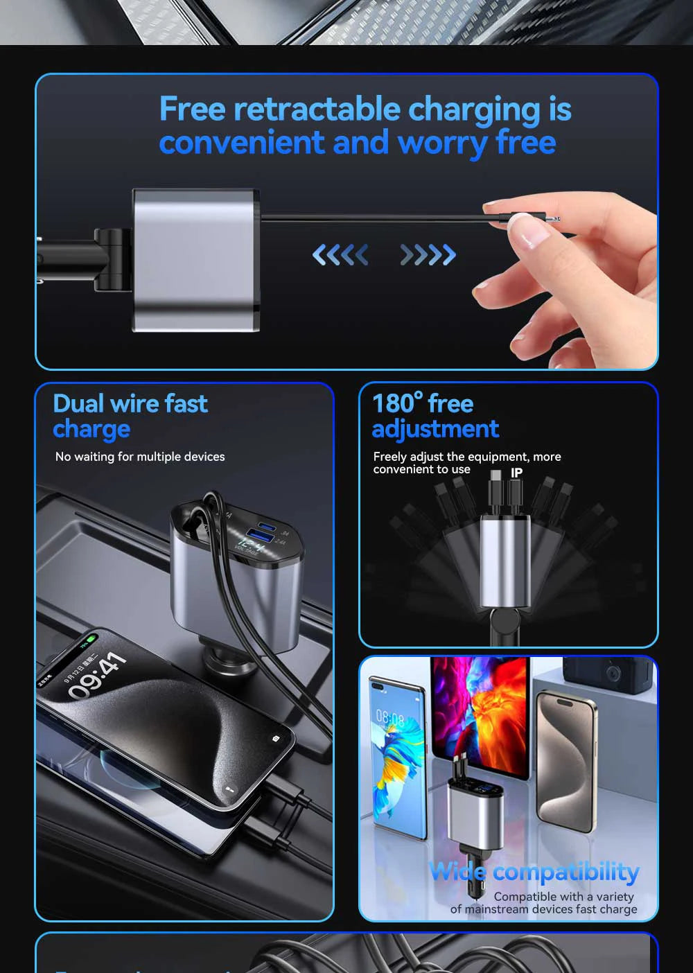 4-in-1 Retractable Car Charger 120W with USB Ports
