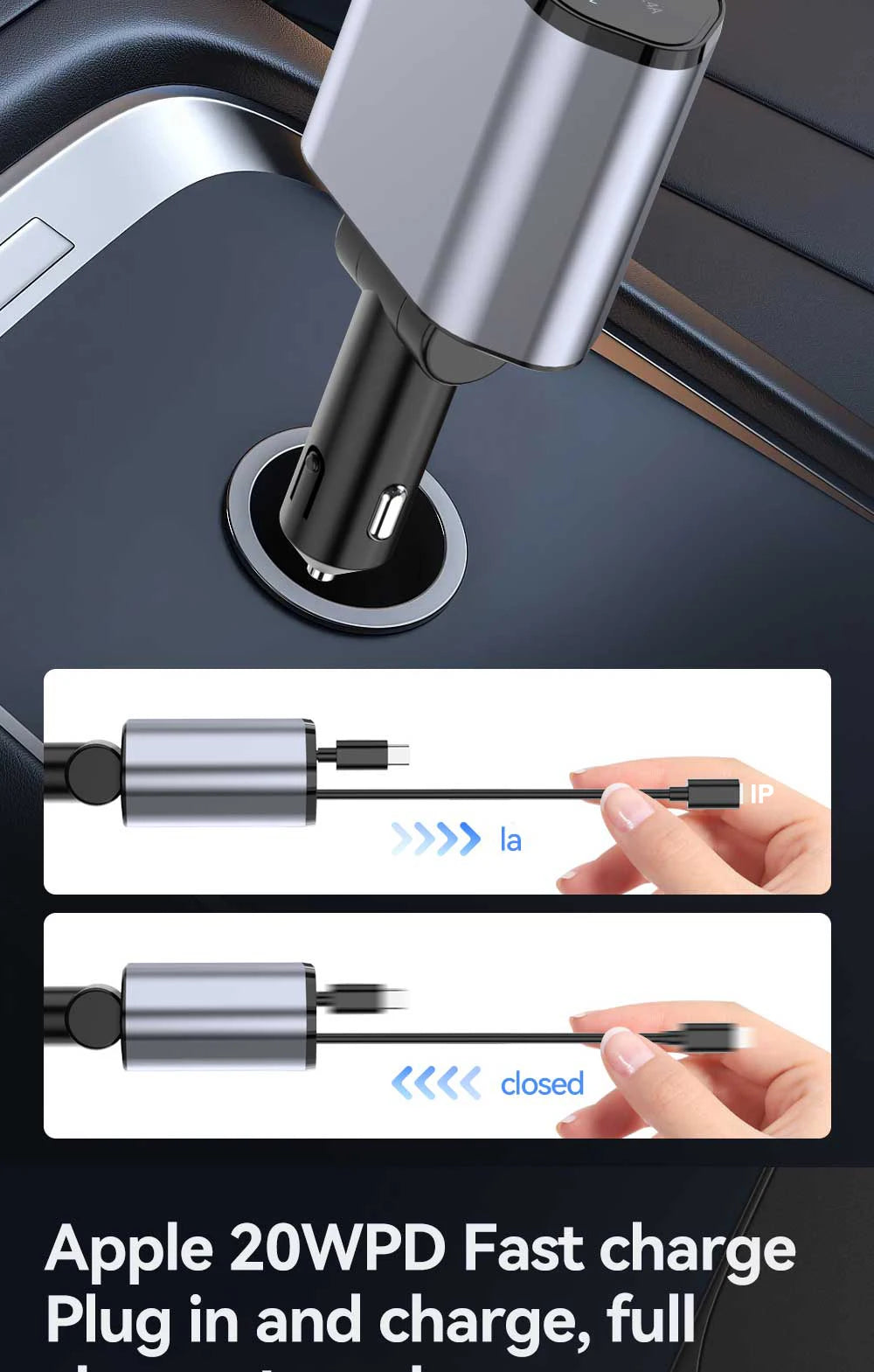4-in-1 Retractable Car Charger 120W with USB Ports