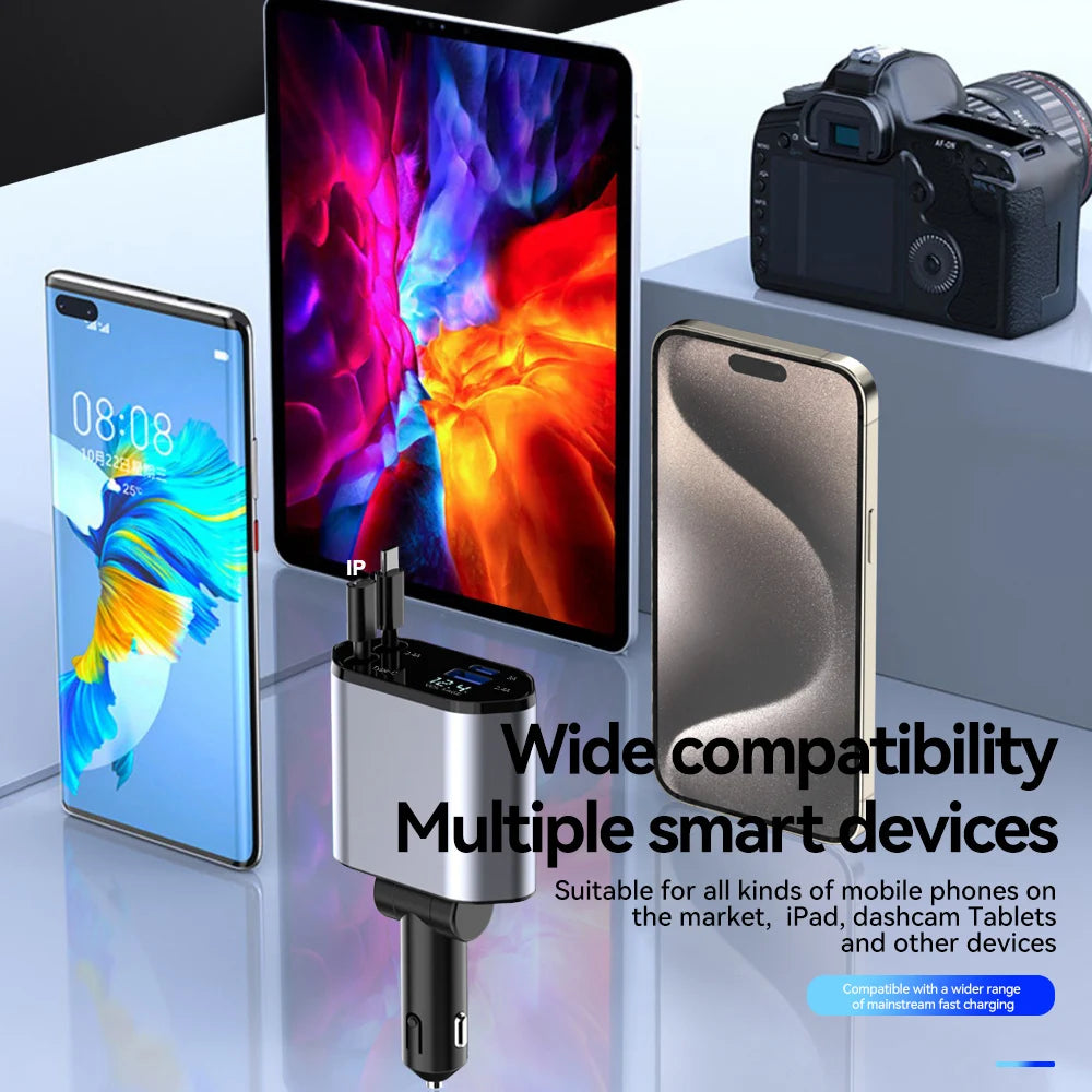 4-in-1 Retractable Car Charger 120W with USB Ports