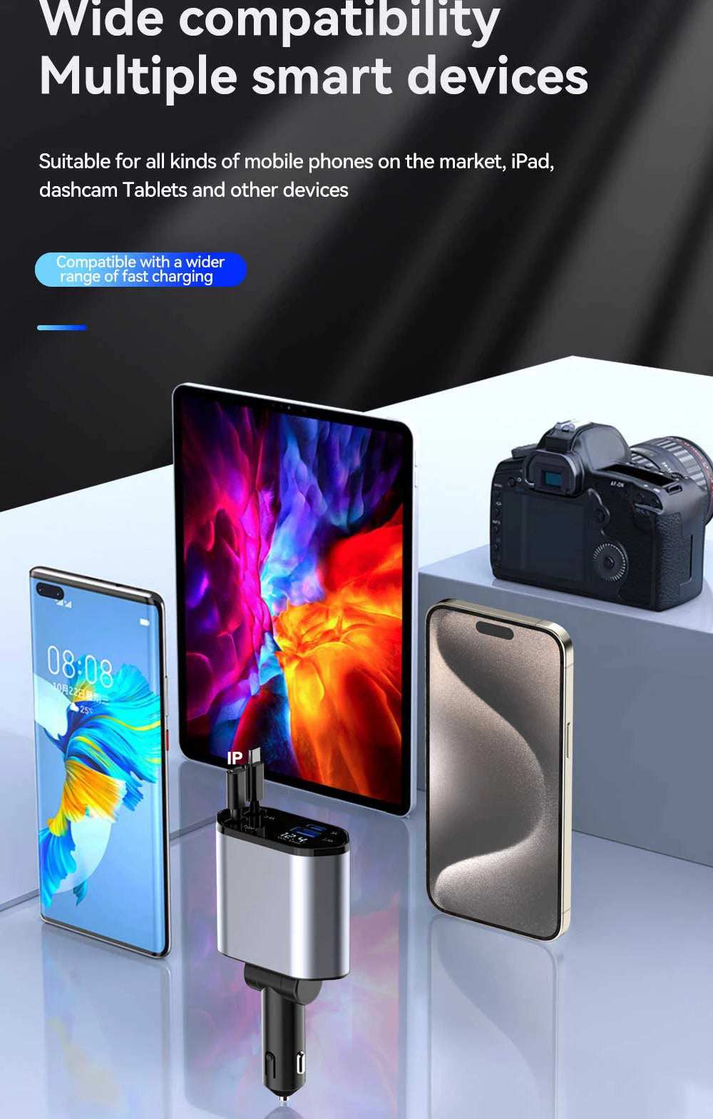 4-in-1 Retractable Car Charger 120W with USB Ports