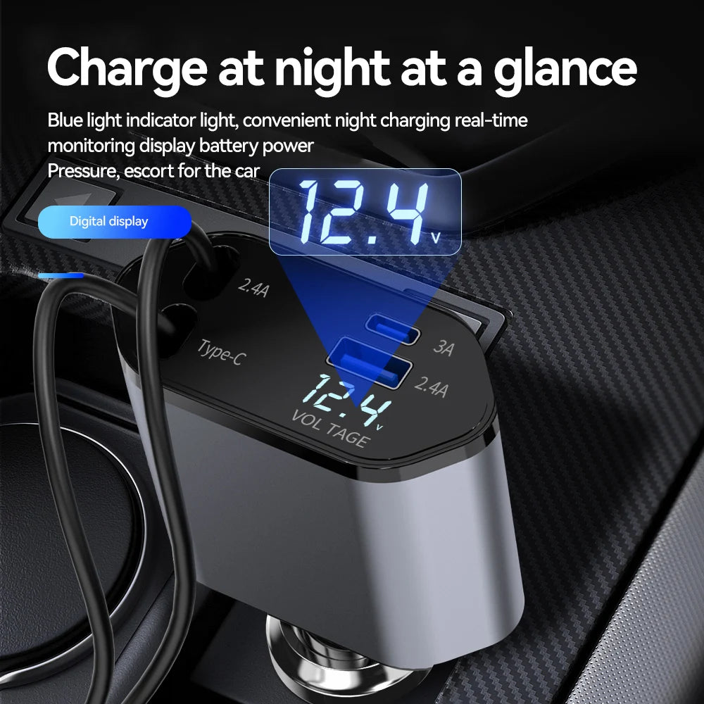 4-in-1 Retractable Car Charger 120W with USB Ports