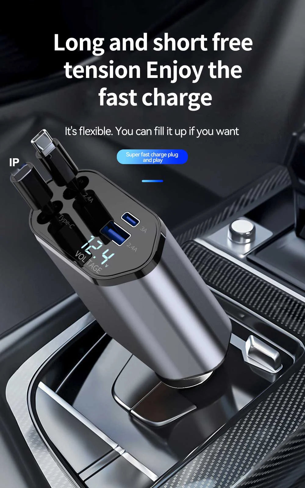 4-in-1 Retractable Car Charger 120W with USB Ports