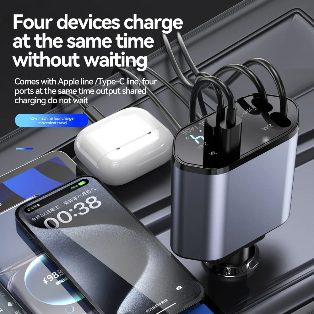 4-in-1 Retractable Car Charger 120W with USB Ports