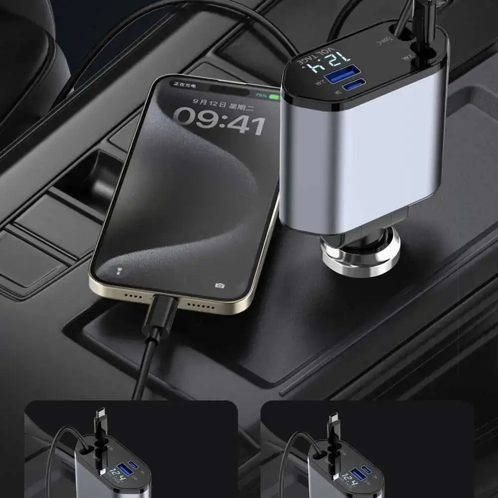 4-in-1 Retractable Car Charger 120W with USB Ports