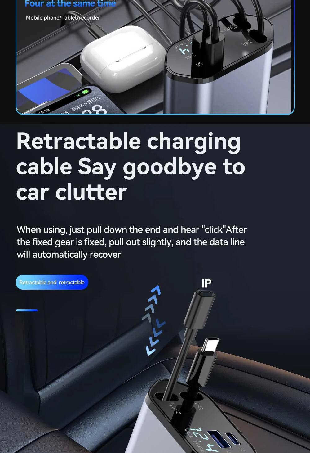 4-in-1 Retractable Car Charger 120W with USB Ports