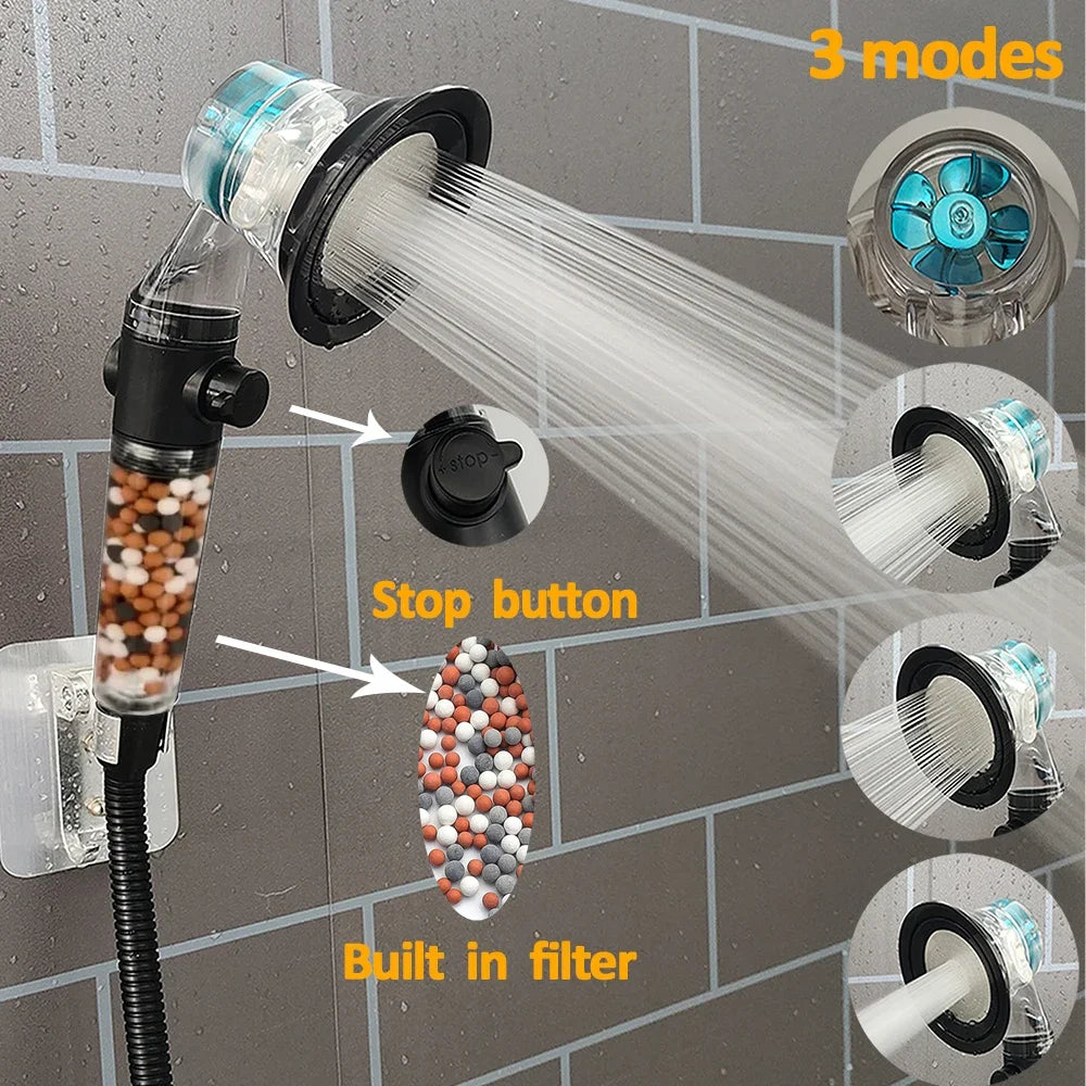 Turbo Shower Head with Filter – 3 Modes & Stop Button