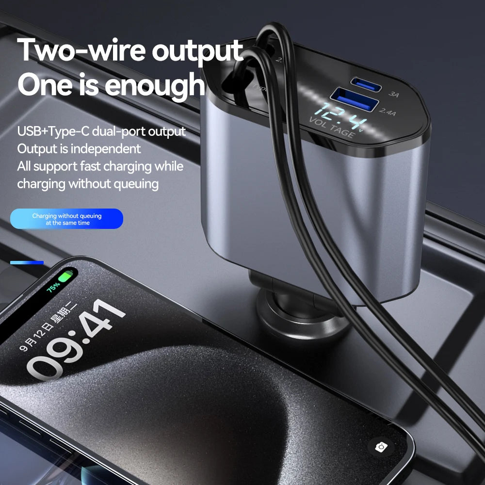 4-in-1 Retractable Car Charger 120W with USB Ports