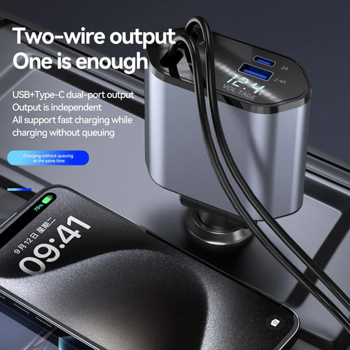 4-in-1 Retractable Car Charger 120W with USB Ports