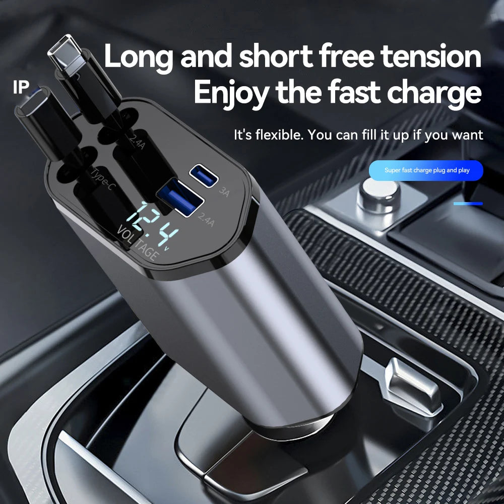 4-in-1 Retractable Car Charger 120W with USB Ports